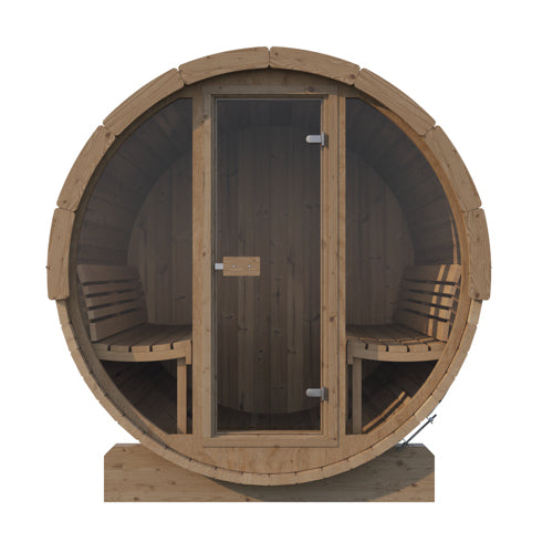 Wooden sauna with two seats on a white background