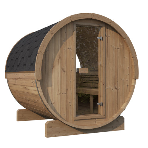 Wooden barrel-shaped sauna with a glass door on a white background