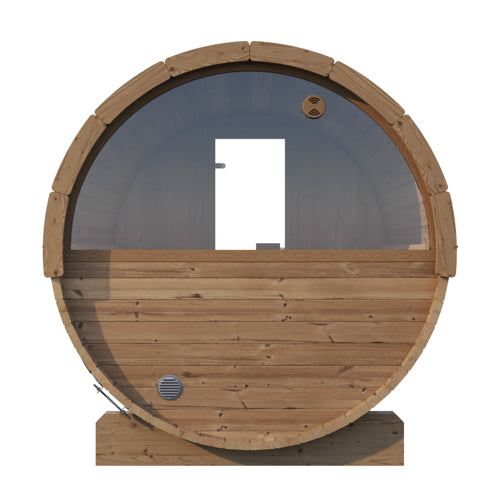 Wooden barrel with a clear glass panel on a white background