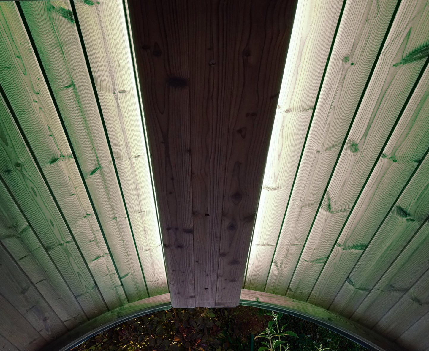 Ceiling with wooden panel and green paint on the sides