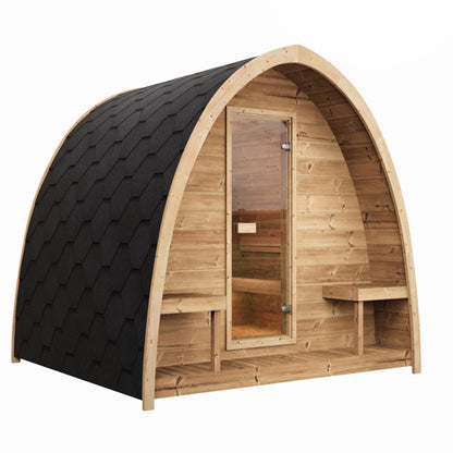 Wooden sauna with black roof on a white background