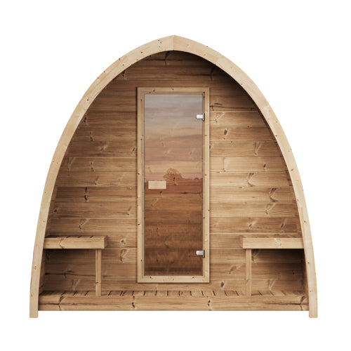 Wooden sauna with arched entrance and glass door on a white background