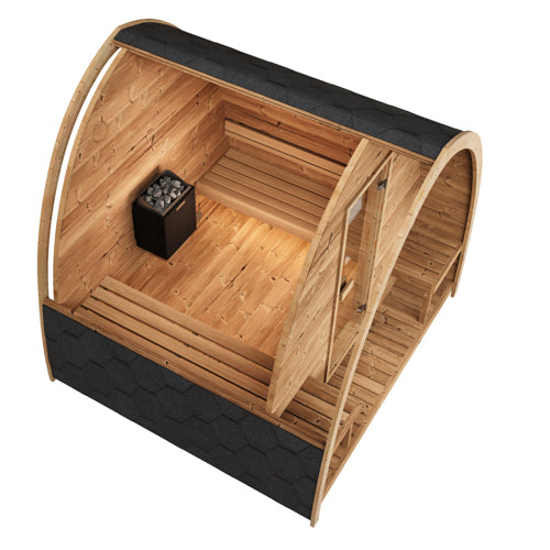 Wooden sauna with black accents on a white background