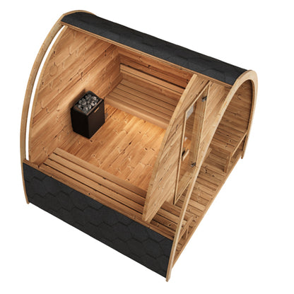 Wooden sauna with black accents on a white background