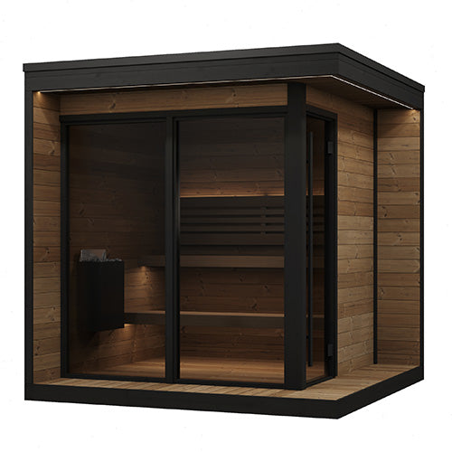 Wooden outdoor sauna with black trim on a white background