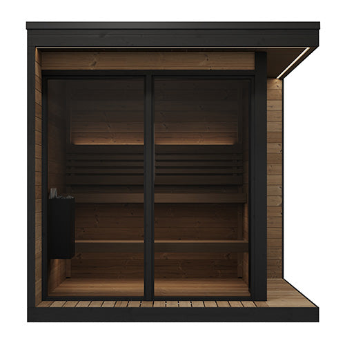 Wooden sauna with black exterior on a white background