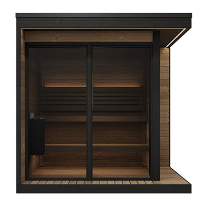 Wooden sauna with black exterior on a white background