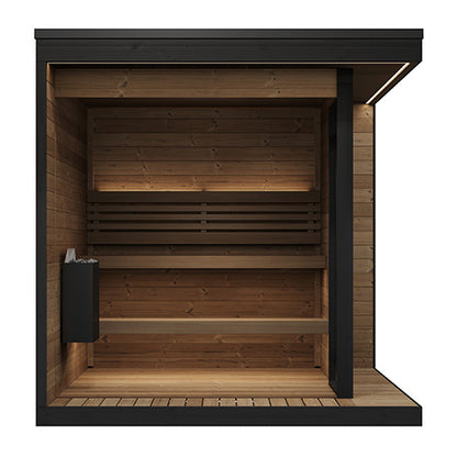 Wooden sauna with black frame on a white background