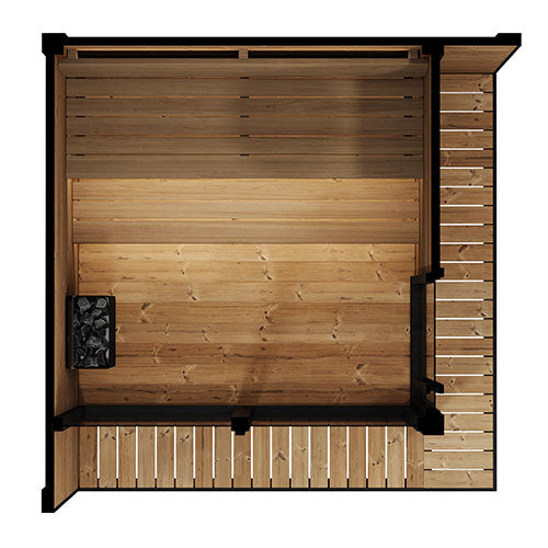 Wooden sauna with black interior on a white background