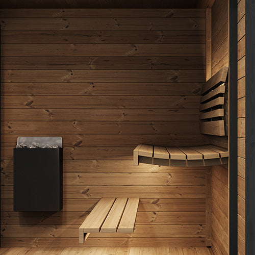 Wooden sauna interior with benches and a heater.