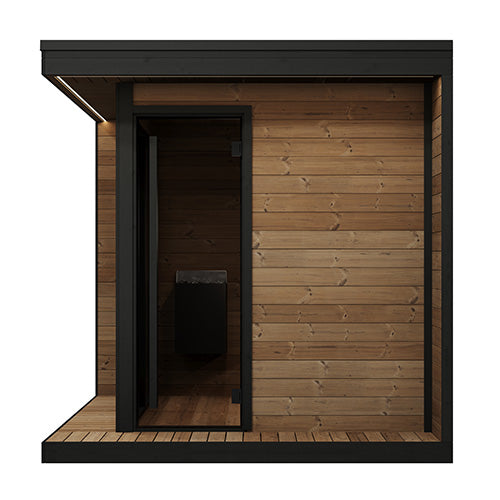 Wooden shed with a black door on a white background