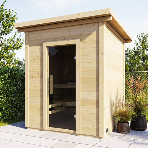 wood sauna on a garden