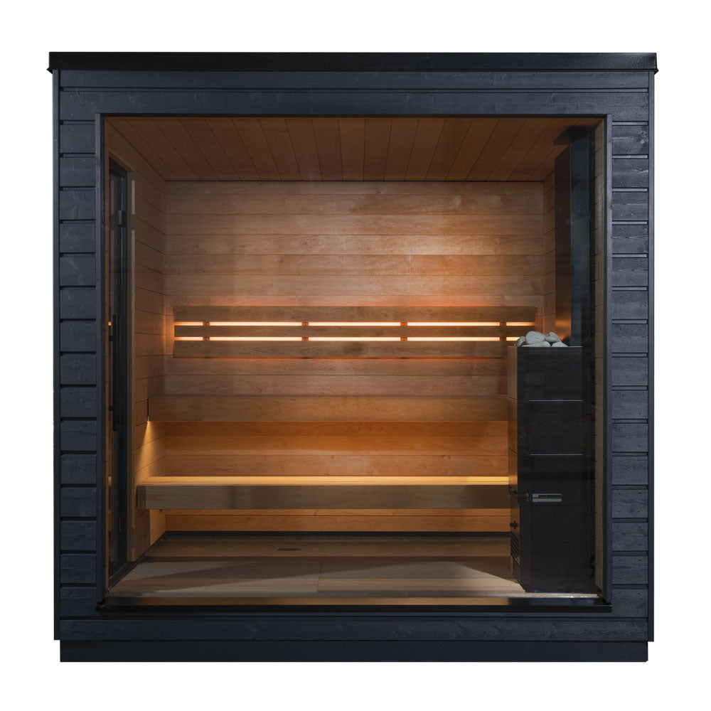 Wooden sauna with black frame on a white background