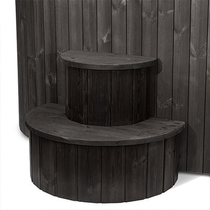 Wooden step area against a wooden tub