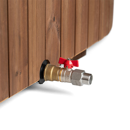 wooden tub with close up of tub installations