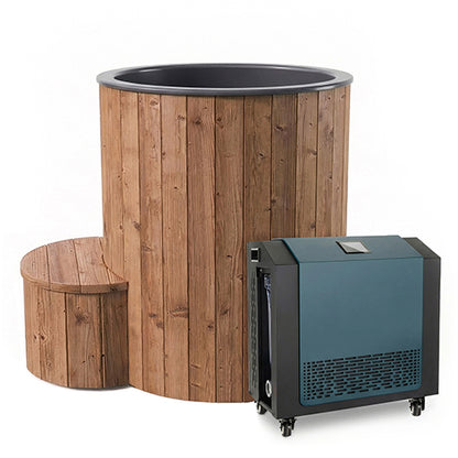 Wooden cold tub and black chiller unit on a white background