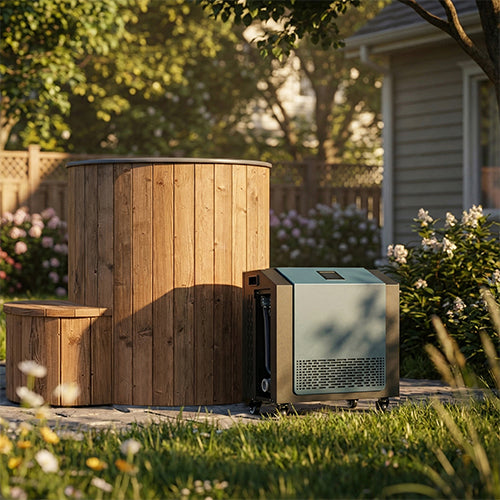 Wooden cold tub and black chiller unit on in a garden