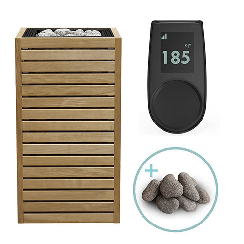 Wood-enclosed sauna heater with digital temperature gauge and rocks on a white background
