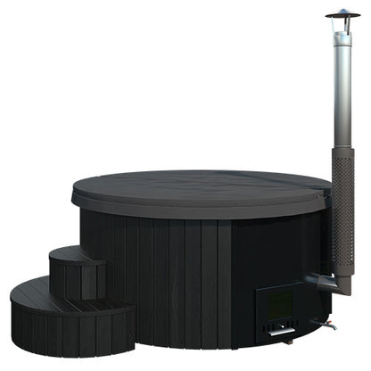 Black hot tub with steps and a lamp on a white background