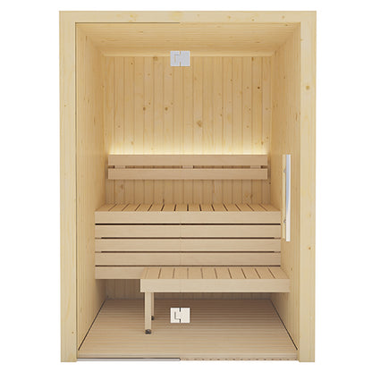 Wooden sauna with benches on a white background