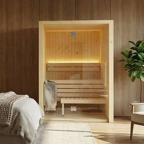 wooden indoor sauna with glass door