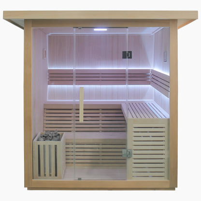 Wooden sauna with benches and glass door on a white background