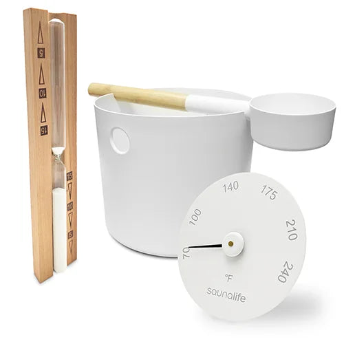 White temperature control device with wooden paddle and wooden bucket on a white background