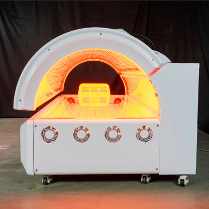 red light booth with glowing interior on a dark background