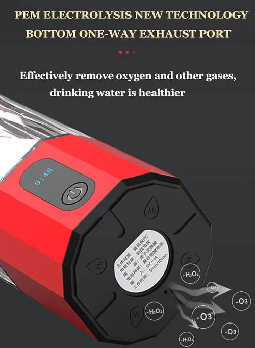 Red and black water purification device with text about PEM electrolysis technology on a dark background