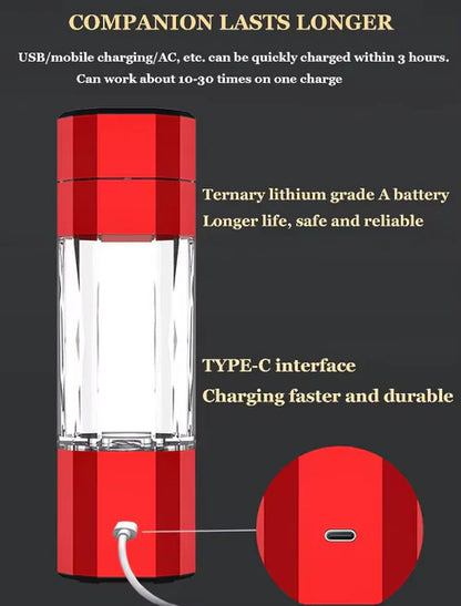 Red portable device with charging cable on a dark background, featuring text about battery life and charging speed.