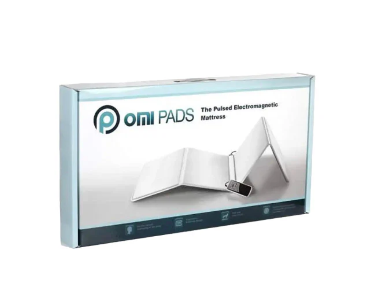 Omi Pads packaging with a white mattress on a clear background