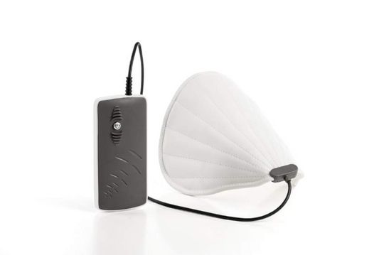 White cone-shaped pemf face unit with a gray control unit on a white background