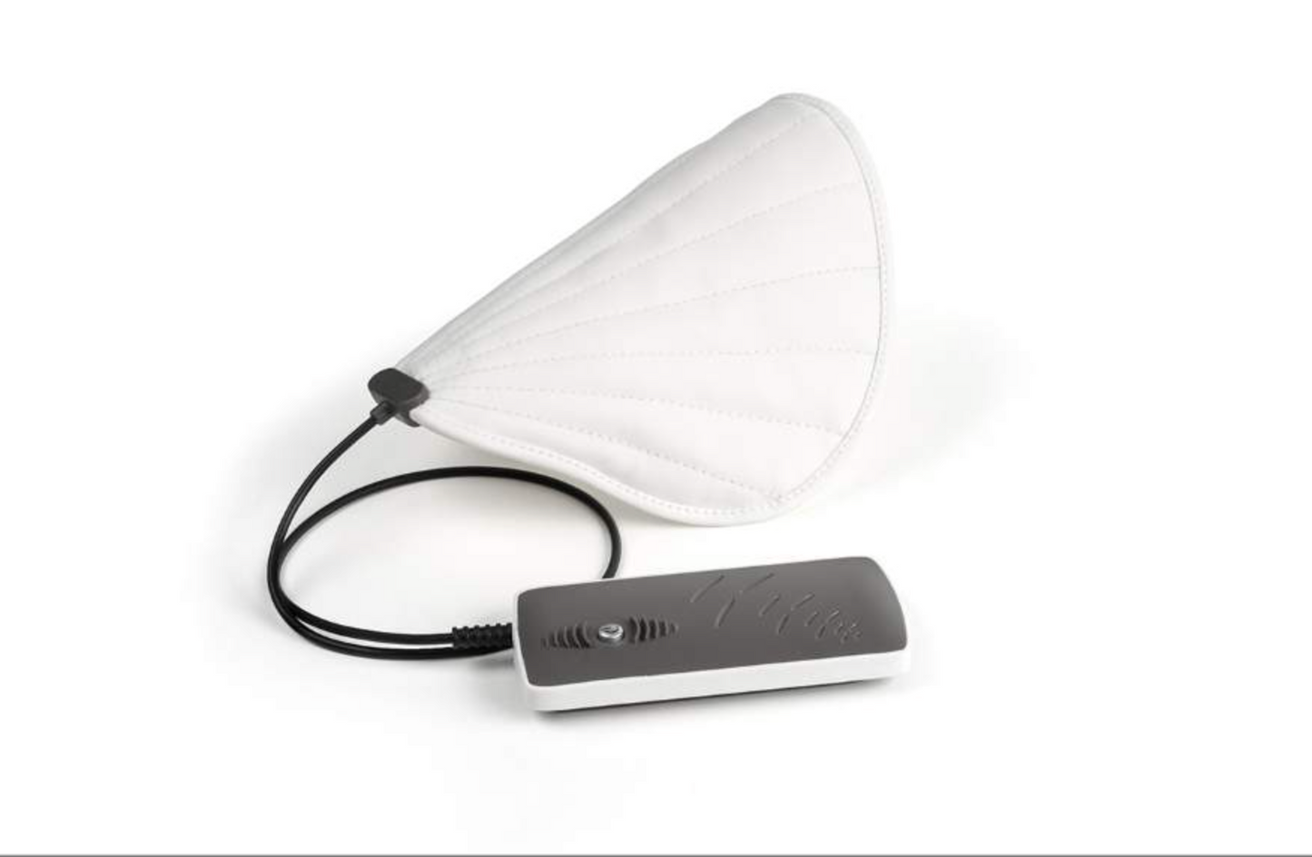 White cone-shaped pemf face unit with a gray control unit on a white background