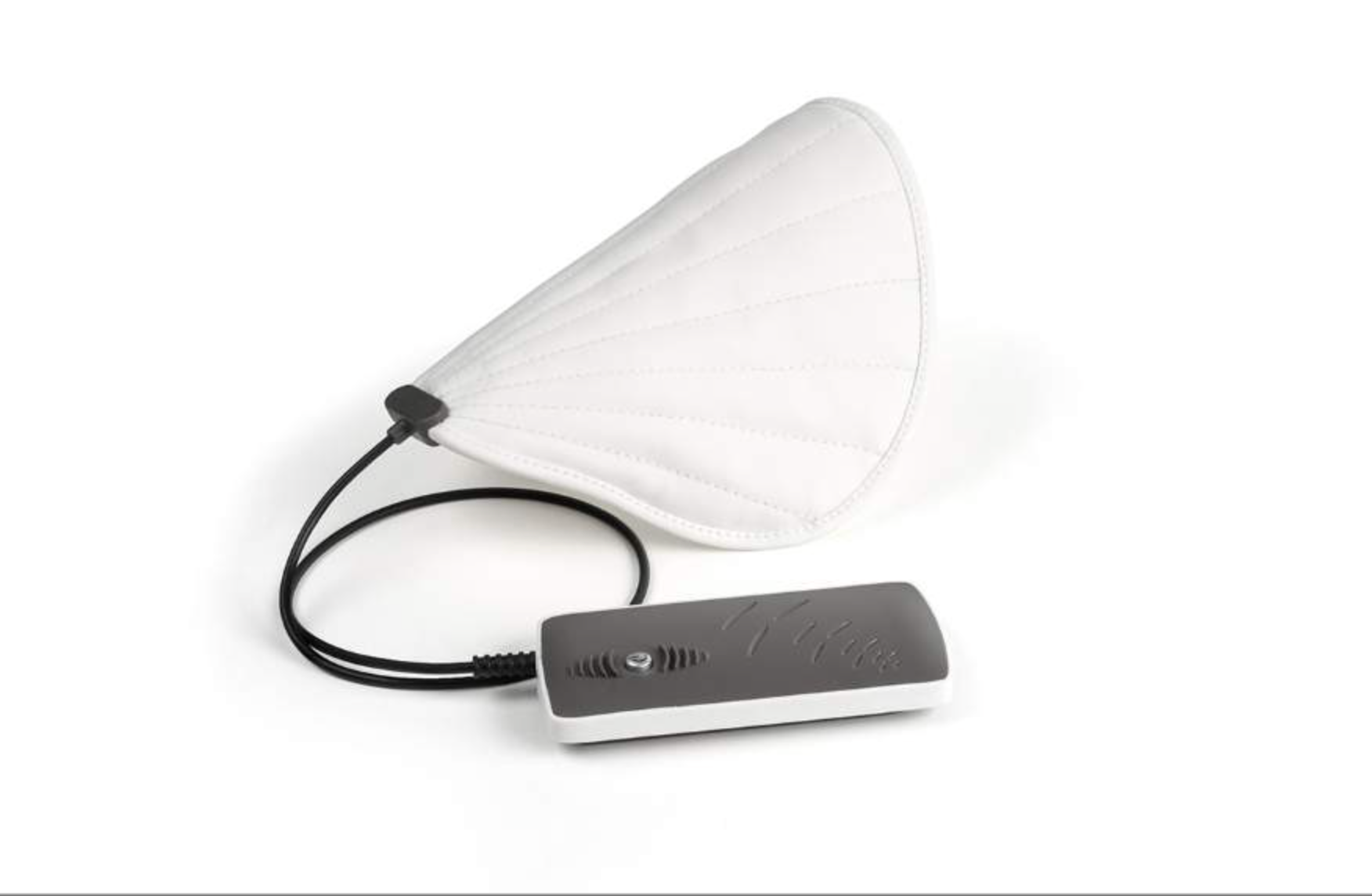 White cone-shaped pemf face unit with a gray control unit on a white background