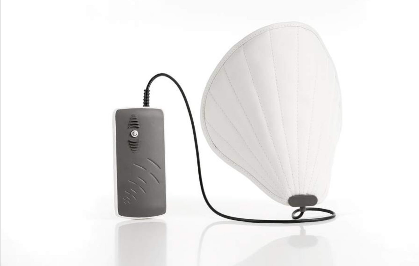 White cone-shaped pemf face unit with a gray control unit on a white background