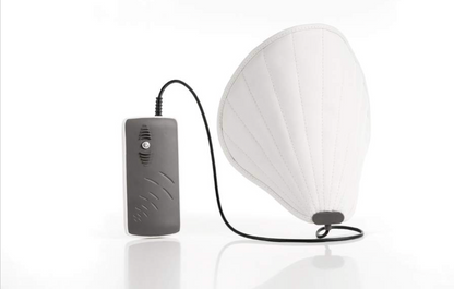 White cone-shaped pemf face unit with a gray control unit on a white background