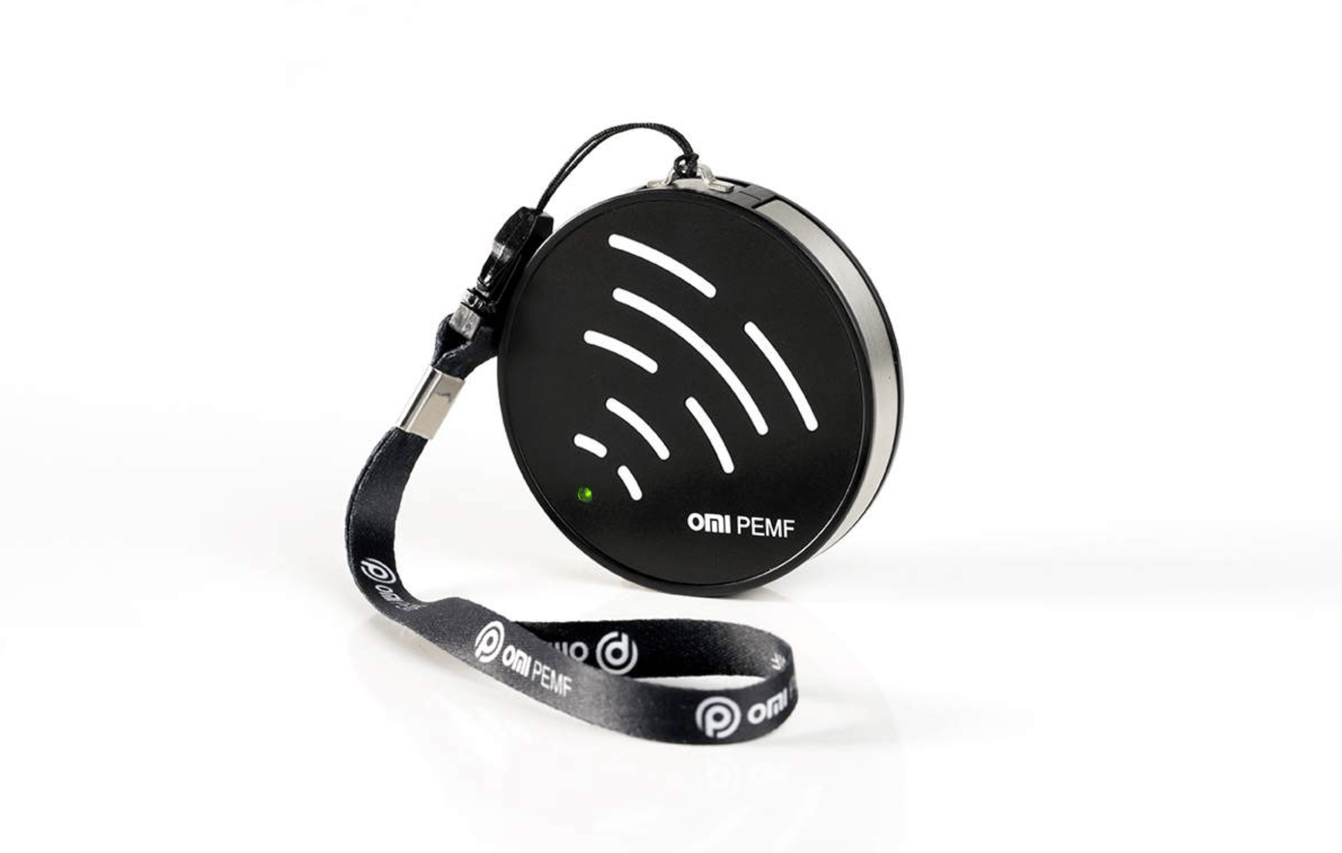 Black PEMF device with a lanyard on a white background