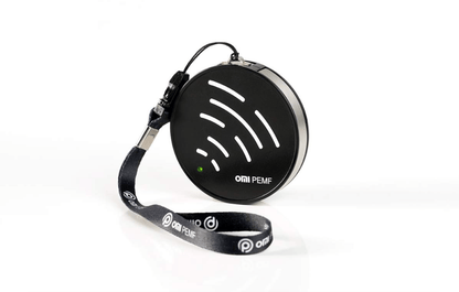 Black PEMF device with a lanyard on a white background