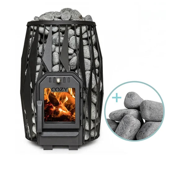 A black metal fire pit filled with gray decorative stones, shown on a white background with a circular inset showing additional stones and a flame effect through the front window.