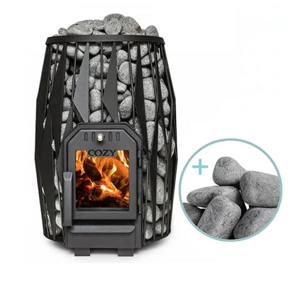 A black metal fire pit filled with gray decorative stones, shown on a white background with a circular inset showing additional stones and a flame effect through the front window.