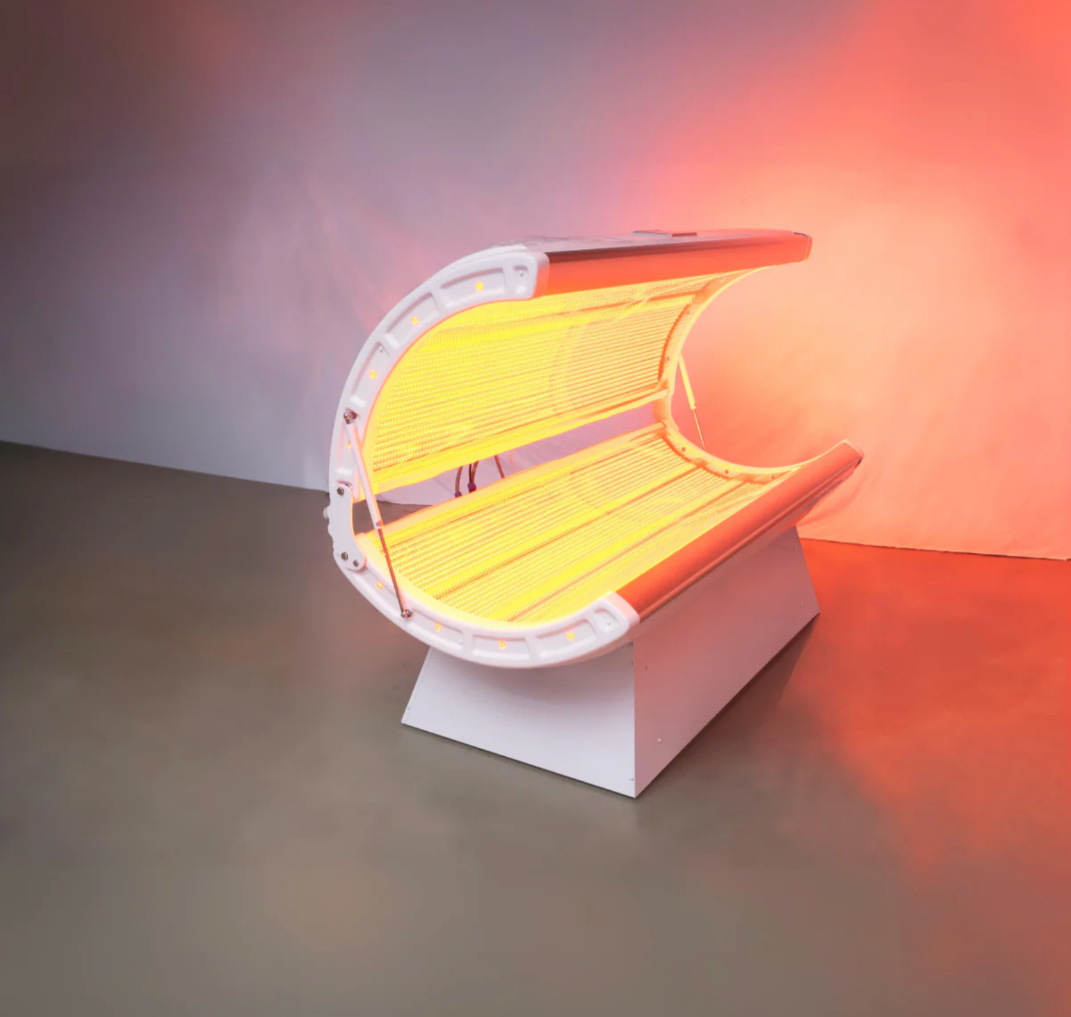 White red light therapy bed open emitting red light