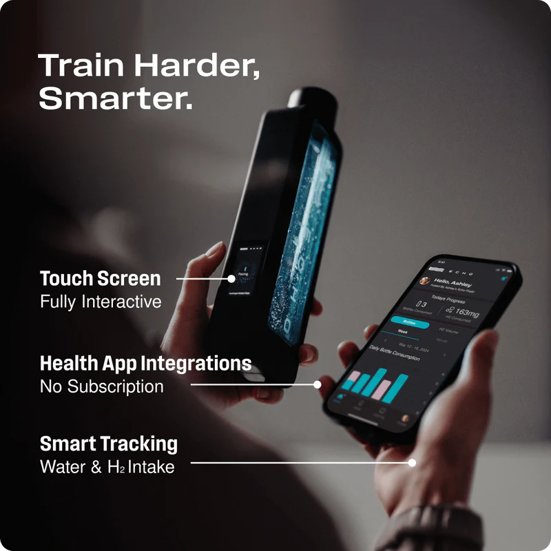 Two hands holding a device and a smartphone with health app integrations, smart tracking, and water intake features.