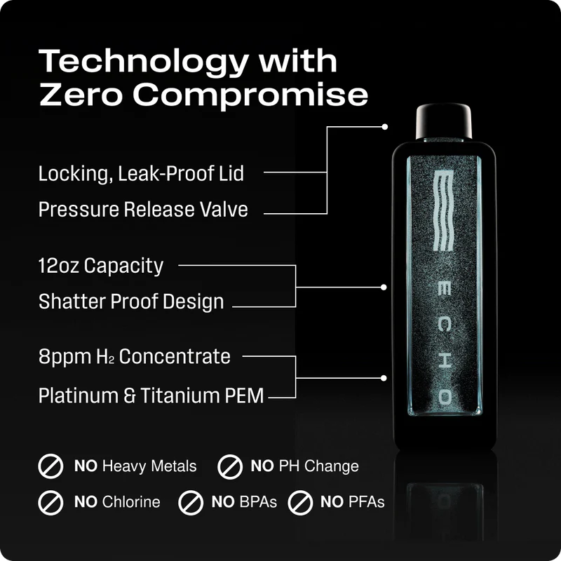 Black water bottle with features listed on a black background