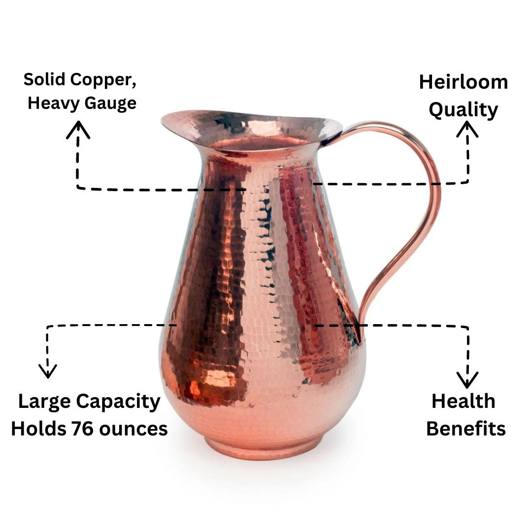 Copper pitcher with text highlighting features on a white background