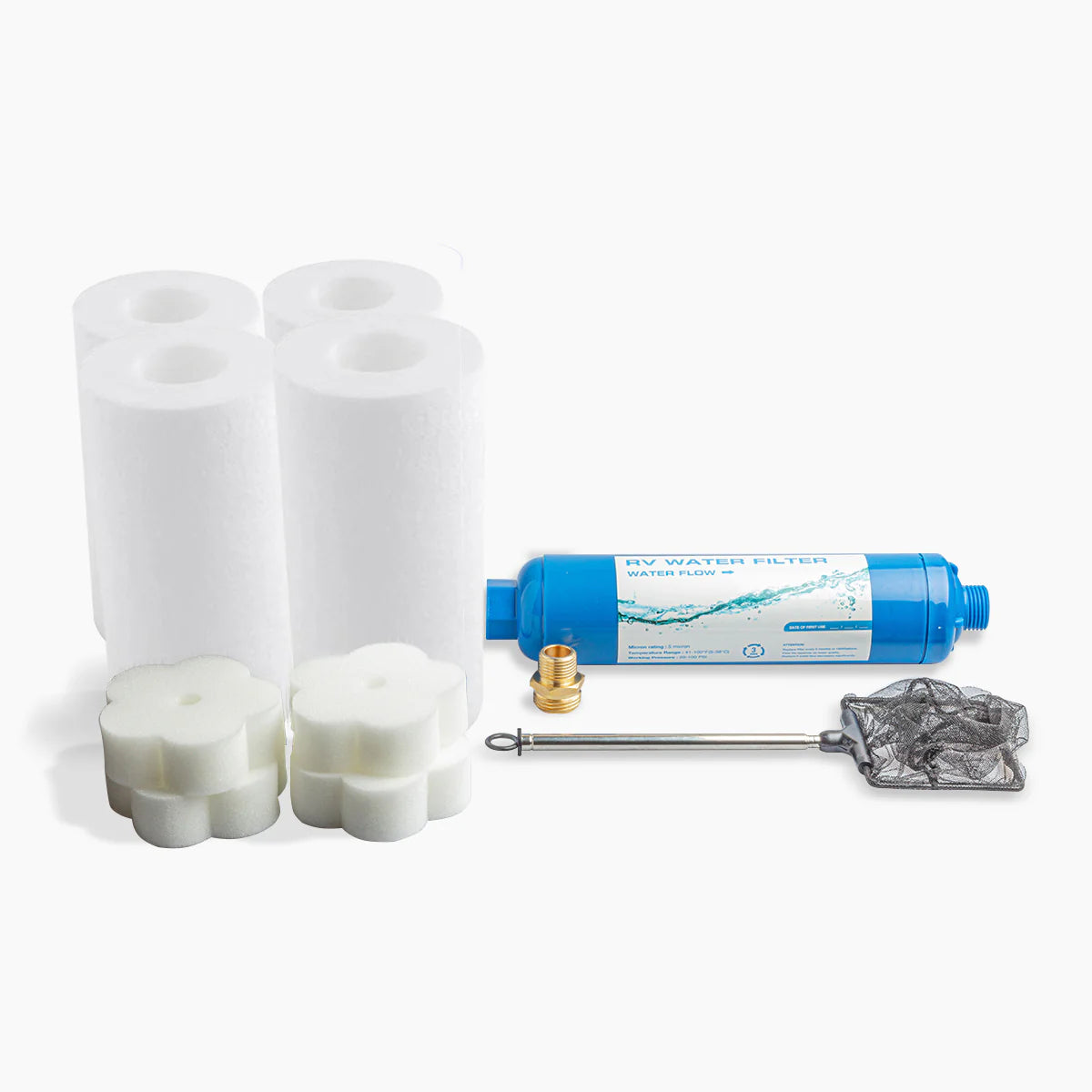 Set of water filter cartridges and accessories on a white background
