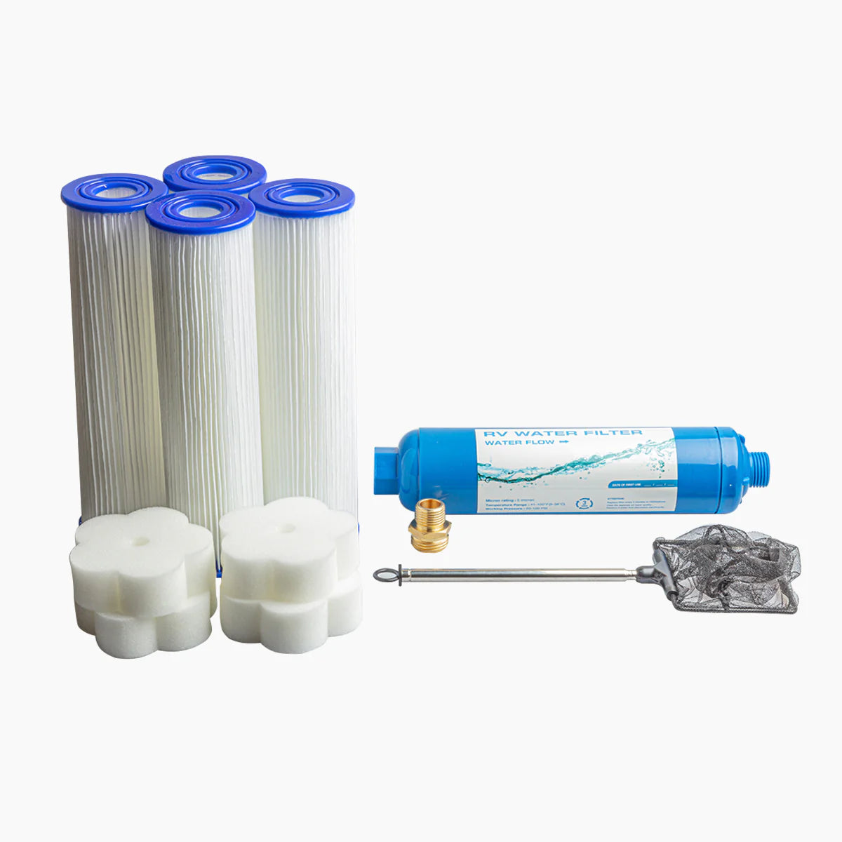 Collection of water filter components on a white background