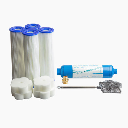 Collection of water filter components on a white background