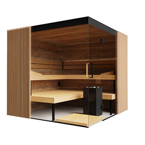 Wooden sauna with glass walls on a white background