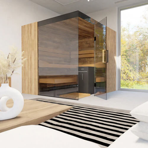 Modern room with a glass-enclosed sauna, wooden table, and striped rug.