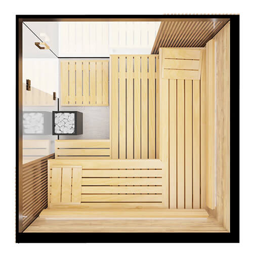 Wooden sauna with benches and a mirror on a white background
